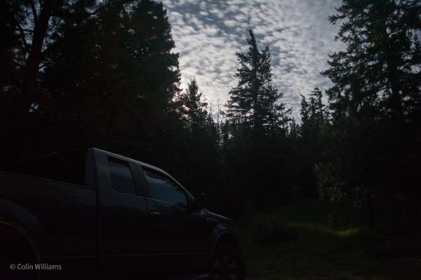 Late dusk. Pickup truck in dark, forested foreground with bright, spotted clouds in the sky.